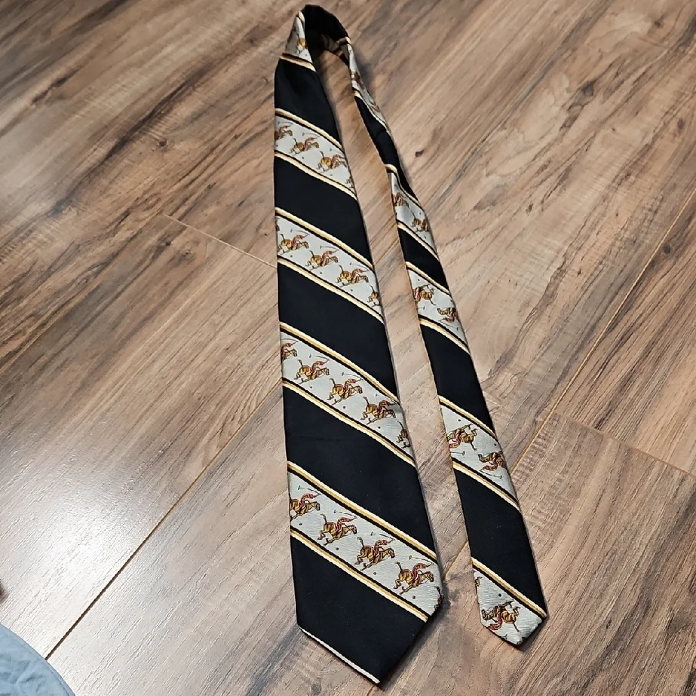 John Frederics Vintage Equestrian Themed Black and Gold Men's Tie